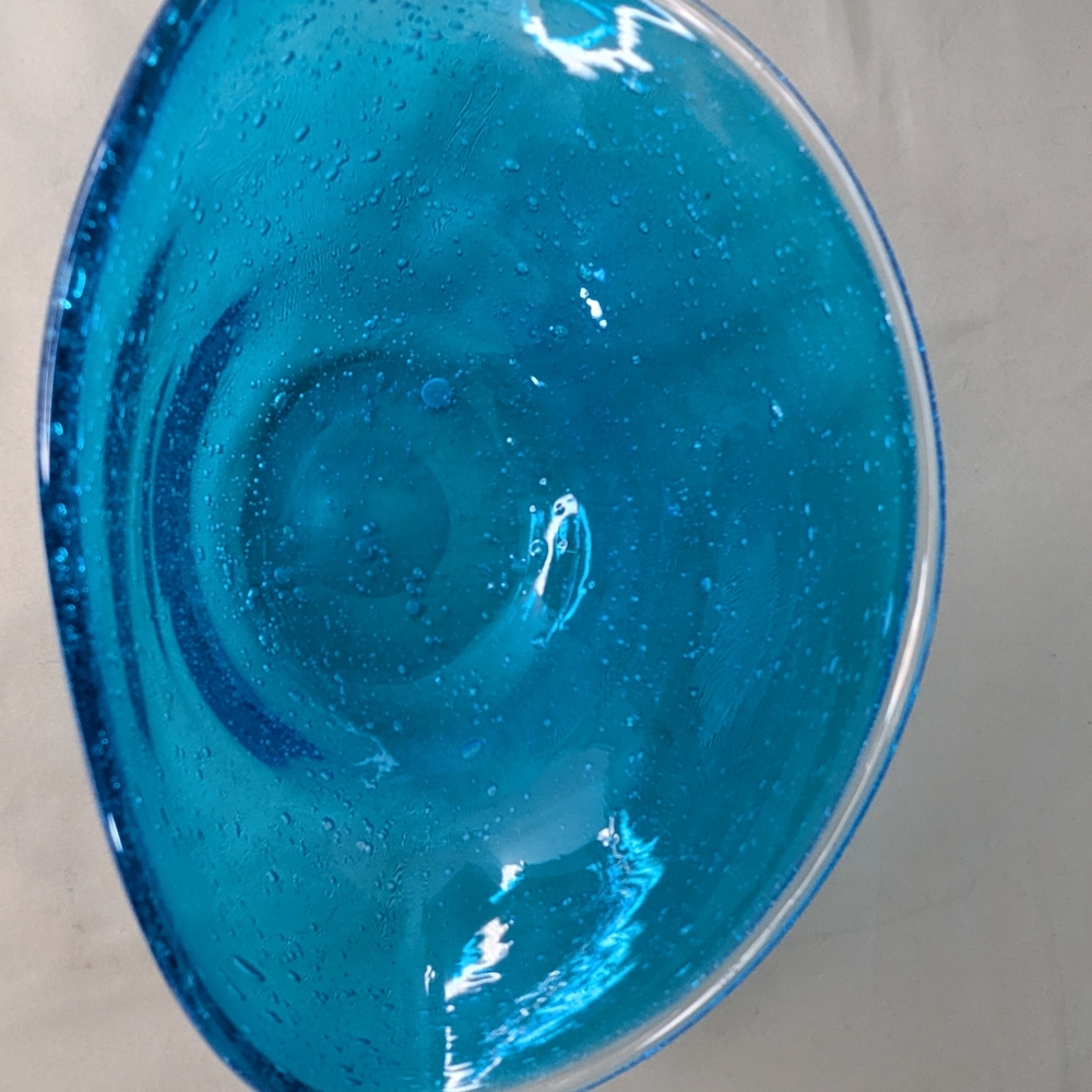 Vtg Blue Bubbled Glass Bowl Art Oblong Candy Dish Flower Vase Fruit Bowl - Picture 14 of 16